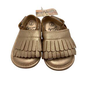Baby Metallic Gold Fringe Sandals With Adjustable Strap Non-Slip Soles Size 2 Ag